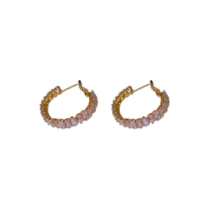 Elegant gold hoop earrings featuring square-cut pink zircon stones for women's jewelry