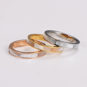 Three-color stainless steel square shell ring set in gold, rose gold and silver finishes