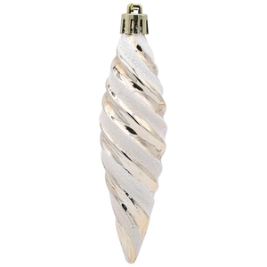 Close-up of champagne gold spiral drop ornament with white glitter and metal cap