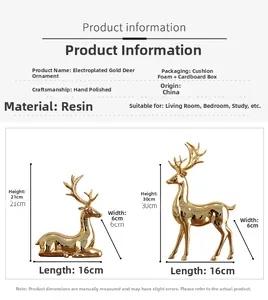 Detailed size specifications for gold electroplated resin elk statues in standing and sitting poses