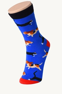 Detail of cotton socks featuring a Dachshund dog pattern and a seamless reinforced toe