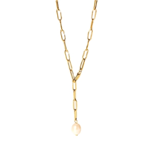 Golden paperclip chain necklace with a white freshwater pearl pendant on white background