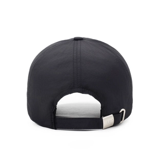 Rear view of black quick-dry baseball cap with adjustable silver metal buckle and strap