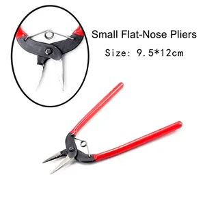 Close-up of small flat-nose pliers with red handles and return spring for jewelry DIY