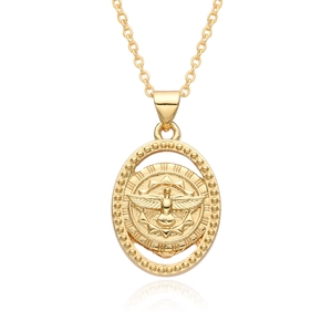Gold-plated swallow eagle oval pendant necklace with sunburst and beaded relief