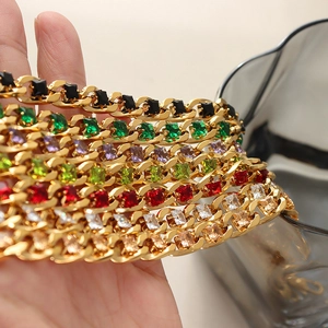 Golden Cuban chain jewelry set with multicolored square cubic zirconia stones