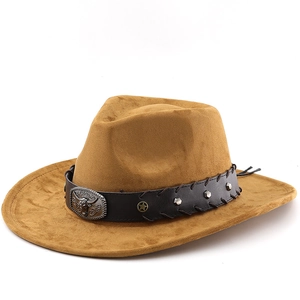 Chapeau de cowboy en daim marron avec boucle tête de taureau et bandeau en cuir vintage
