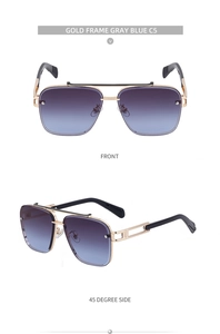 Front and side view of gold frame pilot sunglasses with gray-blue gradient lenses