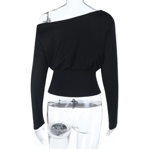 Detail of the back of a slim fit black off-shoulder sweatshirt with ribbed waist texture