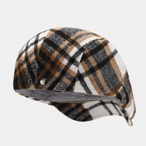 Classic retro plaid beret flat cap with vintage check pattern and metal button detail