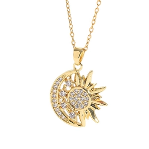 Polished 14K gold plated sun and moon pendant necklace with sparkling zircon stones