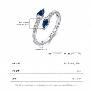 S925 sterling silver snake ring with blue pear-cut gemstones and open adjustable design