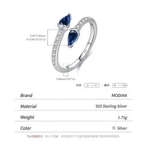 S925 sterling silver snake ring with blue pear-cut gemstones and open adjustable design