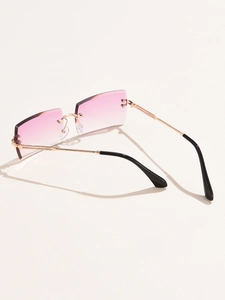 Detail of rimless square sunglasses with pink gradient lenses and rhinestone accents