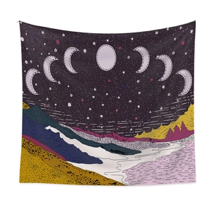 Starry sky and mountain landscape tapestry with moon phase cycle for home wall decor