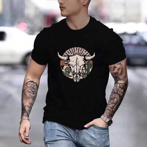 Men's black t-shirt featuring vintage bull skull and desert print on city street background