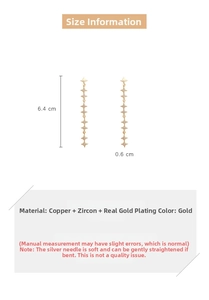 Size details of 6.4cm long gold star drop earrings with micro-set zircon and silver pins