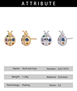 Macro shot of 925 silver ladybug earrings with colorful CZ stones and plated details