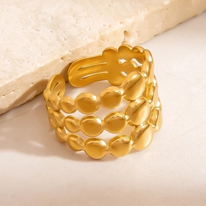 Minimalist 18K gold plated stainless steel multi-layer beaded leaf open adjustable ring