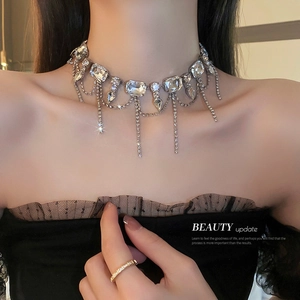 Elegant silver tassel choker necklace with sparkling rhinestones for women jewelry