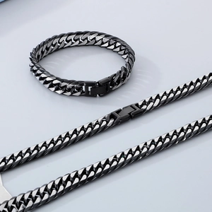 Ensemble collier et bracelet à mailles cubaines noires en acier pour hommes