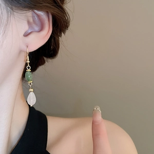 New Chinese style waterdrop earrings with green stones and white glaze drops