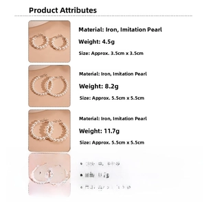 Detailed size and weight specs for faux pearl beaded hoop earrings in three sizes