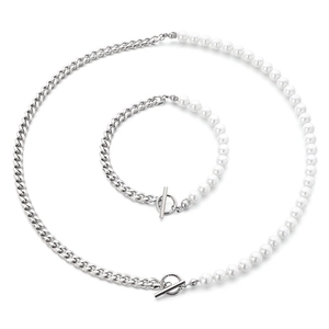 Silver Cuban chain and white pearl necklace and bracelet set with OT buckle closure