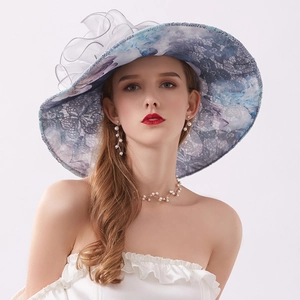 Women's wide brim sun hat with blue lace and ruffle trim for summer beach UV protection
