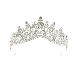 Detailed view of silver bridal crown with crystal rhinestones and fixing loop on white back