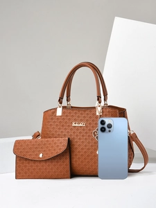 Brown woven PU leather handbag and purse set with gold hardware and size reference