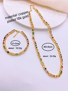 18k gold plated jewelry set with colorful zircons showing necklace and bracelet specs