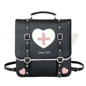 Gothic Lolita black faux leather crossbody backpack with heart patch and white wings