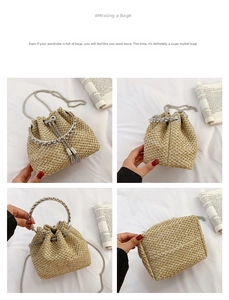 Detail of straw bucket bag featuring sparkling rhinestone handle and chain strap