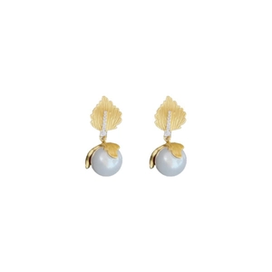 Gold leaf earrings with pearls and zircon accents, vintage style on white background