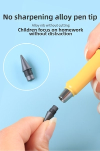 Detail of everlasting pencil with durable alloy nib and screw interface on yellow barrel