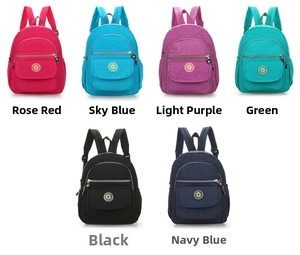 Multiple colors of minimalist nylon backpacks shown in rose, blue, purple, and black