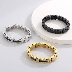 Men's hip hop bike chain bangle in silver gold and black finishes with carbon fiber inlays