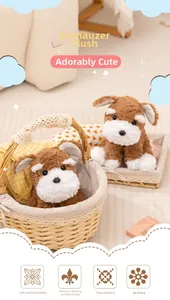 Detail of plush Schnauzer dogs in woven baskets featuring soft, breathable, anti-pill fabric