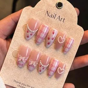 Pink Plaid Press On Nails Almond Strawberry Print 3D Bow Artificial Pearl Decor Heart Sweet French Style For Women