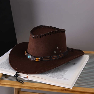 Classic dark brown western cowboy hat with ethnic beaded band and chin strap