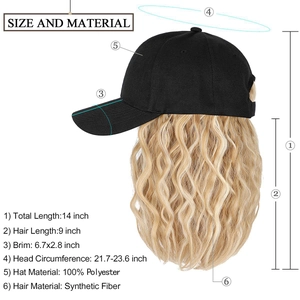 Size and material chart for baseball hat with blonde wavy synthetic hair extensions