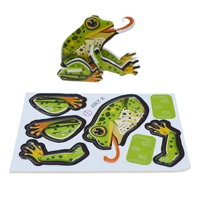 Detail view of 3D frog puzzle showing assembled model and component sheet for DIY fun