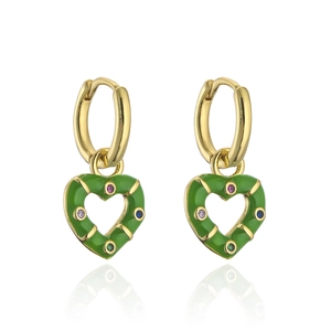 Close-up of gold-plated heart earrings with green enamel and colorful zircon accents
