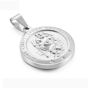 Silberner Edelstahl Saint Christopher Anhänger mit eingraviertem Schutzgebet Text