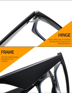 Detail of durable metal hinges and black oversized frame with technical specifications