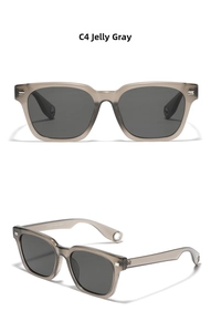 Detail view of jelly gray square sunglasses frames with product specifications on the temple