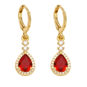 Elegant gold drop earrings with pear-cut red gemstones and sparkling white diamond accents