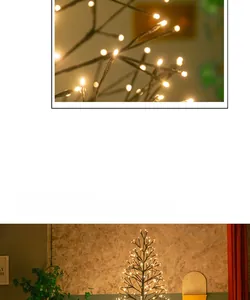 Detailed close-up of warm white LED lights on adjustable black artificial tree branches