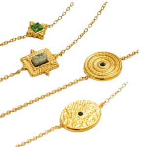 Retro 18K gold plated titanium bracelets with emerald stones in vintage royal court style